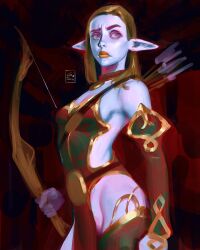 Rule 34 | 1girl, arrow (projectile), artist name, blue skin, bow (weapon), colored skin, commentary, elf, english commentary, from side, hatching (texture), highres, holding, holding bow (weapon), holding weapon, long pointy ears, original, pointy ears, sebijy, solo, weapon