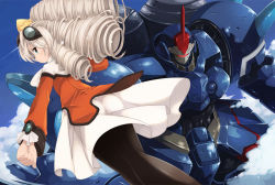 1girl bow cloud day dress drill_hair goggles goggles_on_head hair_bow kouno_hikaru long_hair maria_balthasar mecha pantyhose robot seibzehn skirt sky tears white_hair xeno_(series) xenogears yellow_bow