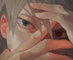 1boy black_eyes close-up ear_piercing fingernails hand_on_own_face hatake_kakashi highres looking_at_viewer male_focus naruto_(classic) naruto_(series) no_mask piercing red_eyes scar scar_across_eye scar_on_face sharingan signature solo tamelee