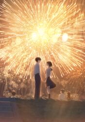2girls 3boys absurdres aerial_fireworks black_hair commentary_request fireworks full_body grass highres lens_flare multiple_boys multiple_girls neckerchief night night_sky o-bana original pants pleated_skirt sailor_collar scenery school_uniform shirt short_hair short_sleeves sitting skirt sky smoke stairs standing stone_stairs summer