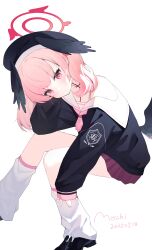 1girl absurdres akuma_(ogino-m) artist_name beret black_hat black_shirt black_shoes black_wings blue_archive blush body_markings chinese_commentary closed_mouth commentary dated elbow_on_knee feathered_wings hair_ornament halo hat head_rest head_tilt head_wings highres invisible_chair koharu_(blue_archive) loafers long_sleeves looking_at_viewer loose_socks low_wings making-of_available medium_hair miniskirt multiple_wings neckerchief pink_eyes pink_hair pink_halo pink_neckerchief pink_skirt pleated_skirt puffy_long_sleeves puffy_sleeves sailor_collar sailor_shirt school_uniform serafuku shirt shoes signature simple_background single_bare_shoulder sitting skirt sleeves_past_wrists socks solo split_mouth twintails white_background white_sailor_collar white_socks winged_halo wings