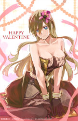 1girl bare_arms bare_shoulders blue_eyes breasts brown_dress brown_gloves brown_hair brown_pantyhose cleavage closed_mouth collarbone commentary daliylife27 dated dress frilled_dress frills gloves hair_between_eyes hair_ornament hair_ribbon happy_valentine highres large_breasts long_hair looking_at_viewer official_alternate_costume pantyhose pink_ribbon ribbon sidelocks sitting solo strapless strapless_dress tales_of_(series) tales_of_asteria tales_of_the_abyss tear_grants twitter_username valentine wariza