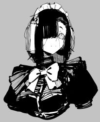 10_4_(10f0ur) 1girl c-bas closed_mouth grey_background hair_over_one_eye juliet_sleeves long_sleeves maid maid_headdress monochrome neck_ribbon one_eye_covered original puffy_sleeves ribbon robot_girl short_hair simple_background solo upper_body