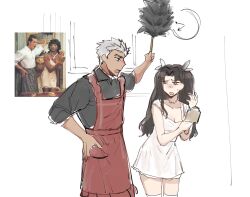 1boy 1girl alternate_costume apron archer_(fate) bare_shoulders black_hair black_shirt collared_shirt dark-skinned_male dark_skin dress fate/stay_night fate_(series) grey_hair hair_ribbon hand_mirror hand_on_own_hip highres long_hair mirror open_mouth photo_inset red_apron reference_inset ribbon shirt short_hair sleeveless sleeveless_dress sweatdrop tohsaka_rin two_side_up white_background white_dress white_ribbon zuruhari