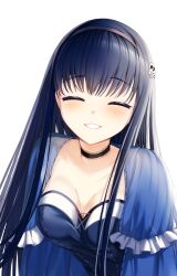 1girl ^_^ black_camisole black_choker black_hair black_hairband blue_capelet blush bone_hair_ornament breasts camisole capelet choker closed_eyes commentary_request facing_viewer frilled_capelet frilled_choker frills hair_between_eyes hair_ornament hairband happy hatsupainting highres kushima_kamome large_breasts long_hair parted_lips sidelighting simple_background skull_and_crossbones skull_hair_ornament smile solo straight_hair summer_pockets upper_body very_long_hair white_background