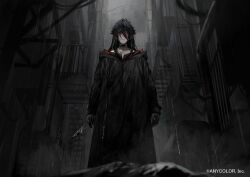 1boy alley alternate_hair_color alternate_hairstyle arms_at_sides balcony black_collar black_gloves black_hair black_raincoat black_shirt black_theme blood bloody_knife border0715 collar collarbone condenser_unit copyright_notice corpse dagger expressionless feet_out_of_frame from_below gloves hair_between_eyes hair_flaps holding holding_dagger holding_knife holding_weapon hood hood_down industrial_pipe knife long_bangs long_hair long_sleeves looking_at_viewer male_focus multicolored_hair murder nijisanji official_art outdoors overcast rain raincoat red_eyes red_hair seraph_dazzlegarden shirt sky solo standing straight-on streaked_hair virtual_youtuber weapon