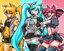 +_+ 3girls :3 ahoge akita_neru animal_ears bandaid bandaid_on_face bandaid_on_nose bare_shoulders belt black_choker black_shorts black_skirt black_tank_top blonde_hair blue_eyes blue_hair blue_nails blue_necktie blush breasts choker cleavage closed_mouth collar commentary crop_top cropped_shirt detached_collar detached_sleeves dog_tags dot_mouth drill_hair english_commentary feet_out_of_frame fingerless_gloves frilled_collar frilled_sleeves frills gloves gradient_necktie grey_leotard hair_between_eyes hair_ornament hairband half-skirt handheld_game_console hands_on_own_hips hatsune_miku headset highres hood hoodie horse_ears horse_girl horse_race_tests horse_tail juliet_sleeves kasane_teto legband leotard leotard_under_clothes long_hair long_sleeves looking_at_viewer medium_breasts midriff multiple_girls nail_polish navel necktie nintendo_3ds notched_ear nyapurrlitan outline outstretched_arm pink_eyes pink_hair pink_nails pink_trim pleated_skirt puffy_sleeves raised_eyebrow ribbon shorts side_ponytail sidelocks skirt sleeveless sleeveless_hoodie suspender_skirt suspenders tail tank_top teeth thighhighs tie_clip twin_drills twintails two-tone_tank_top umamusume upper_teeth_only very_long_hair vocaloid white_necktie white_outline wrist_ribbon yellow_eyes yellow_tank_top yellow_trim zettai_ryouiki
