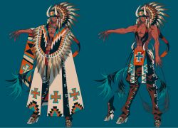 1boy blue_background blue_hair dark-skinned_male dark_skin edarow fake_horns full_body headdress highres hoof_shoes horned_headwear horns jewelry long_hair male_focus multiple_views native_american native_american_headdress necklace original reference_sheet scar scar_on_arm scar_on_stomach simple_background standing toned toned_male topless_male very_long_hair