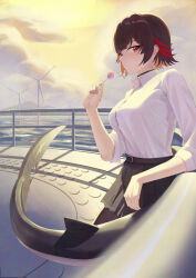 1girl azashiro_kp black_choker black_hair black_skirt blush breasts candy choker closed_mouth cloud cloudy_sky earrings ellen_joe ellen_joe_(on_campus) fins fish_tail food highres holding holding_candy holding_food holding_lollipop jewelry large_breasts lollipop looking_at_viewer mole mole_under_eye pantyhose red_eyes red_hair school_uniform shark_girl shark_tail shirt short_hair skirt sky solo tail white_shirt windmill zenless_zone_zero