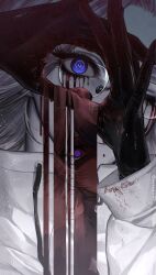 2boys absurdres aotsuki_eito black_gloves blood blood_on_gloves bloody_tears blue_eyes circle_hands commentary english_commentary glasses gloves grey_hair highres jacket looking_at_viewer male_focus multiple_boys one_eye_closed purple_eyes reflection revealing_layer short_hair solo_focus spoilers sumino_takumi surreal the_hundred_line_-last_defense_academy- twitter_username zun_(zunaki)