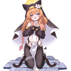 1girl absurdres animal_ear_headwear animal_ears black_veil blue_archive blue_eyes bodystocking bodysuit cat_girl chain chained commentary_request covered_navel cross detached_sleeves fake_animal_ears halo highres interlocked_fingers kneeling long_hair looking_at_viewer mari_(blue_archive) nun orange_hair own_hands_clasped own_hands_together praying puffy_sleeves rosary shoes simple_background solo tongue tongue_out torn_bodystocking torn_clothes veil white_background white_shoes wizard2482 yellow_halo