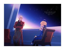 1boy 1girl archer_(fate) archer_(honkai:_star_rail)_(fate) artoria_pendragon_(fate) blonde_hair chair coat crossover dark-skinned_male dark_skin english_text etete2022 fate/stay_night fate/unlimited_blade_works fate_(series) highres honkai:_star_rail honkai_(series) red_coat saber_(fate) saber_(honkai:_star_rail)_(fate) sitting space spiked_hair typo white_hair