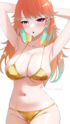1girl :o aqua_hair armpits arms_up bikini blush breasts cameltoe cleavage collarbone commentary cowboy_shot dadangge gold_bikini golden_week golden_week_bikini gradient_hair groin highres hololive hololive_english large_breasts long_hair looking_at_viewer multicolored_hair navel orange_hair purple_eyes simple_background solo stomach streaked_hair swimsuit takanashi_kiara very_long_hair virtual_youtuber wet white_background