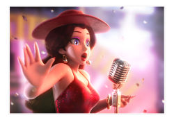 1girl 3d absurdres blue_eyes blurry brown_hair confetti depth_of_field donkey_kong_(series) dress earrings eyeshadow female_focus hat highres jewelry lens_flare lipstick long_hair makeup mario_(series) microphone music nail_polish nintendo official_art pauline_(mario) red_dress red_hat red_lips shiny_clothes singing solo super_mario_odyssey upper_body