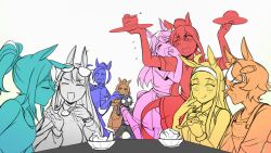 &gt;_&lt; +_+ 6+girls :d :o absurdres adjusting_eyewear ahoge anger_vein animal_ears arms_up bare_shoulders bead_bracelet beads blush bow bowtie bracelet bullet&#039;n_board cake cake_slice closed_eyes collared_shirt comely_material_morning commentary curly_hair cyan_(horse_race_tests) door_knob_(horse_race_tests) downtown_skybox dress_shirt english_commentary eyebrows_hidden_by_hair eyewear_on_head feeding flying_sweatdrops food glasses grabbing_another&#039;s_arm hairband hand_on_own_face hat highres holding holding_food holding_plate horse_ears horse_girl horse_race_tests horse_tail ice_cream jewelry jovial_merryment lightning_strikes_thrice mir_(miryumiya) multicolored_hair multiple_girls multiple_monochrome narrowed_eyes opaque_glasses open_mouth overalls pants plate ponytail pudding resolute_mind_afternoon sharp_teeth shirt short_sleeves smile standing standing_on_one_leg streaked_hair superstitional_realism sweat tail tank_top teeth tongue tongue_out waitress xd