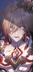1boy abs absurdres blonde_hair blood blood_from_mouth blood_on_face braid chest_tattoo commentary_request earrings facial_tattoo gold_earrings gold_necklace gradient_hair hair_between_eyes highres honkai:_star_rail honkai_(series) injury jewelry looking_at_viewer male_focus medium_hair multicolored_hair mydei_(honkai:_star_rail) necklace red_hair red_tattoo side_braid solo tattoo toned toned_male upper_body user_sfdc4438 yellow_blood yellow_eyes