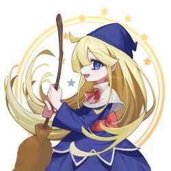 Rule 34 | 1girl, adversarial noise, ahoge, artist name, back bow, blonde hair, blue dress, blue hat, bow, bright pupils, broom, capelet, dress, female focus, from side, hands up, happy, hat, holding, holding broom, long hair, long sleeves, looking at viewer, neck ribbon, open mouth, own hands together, profile, puyopuyo, red ribbon, ribbon, sash, sidelocks, sideways glance, signature, smile, sok (mr14 c), solo, standing, star (symbol), twitter username, very long hair, white background, white capelet, white pupils, witch (puyopuyo)