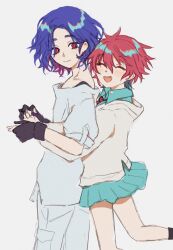 1boy 1girl amate_yuzuriha blue_hair closed_eyes collared_shirt colored_inner_hair gloves gundam gundam_gquuuuuux hetero hug hug_from_behind long_sleeves mimosaamola multicolored_hair necktie open_mouth purple_hair red_eyes red_hair school_uniform shirt short_hair shuji_ito simple_background skirt smile sweater two-tone_hair white_background white_shirt