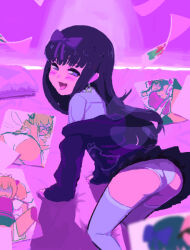 1girl all_fours ass black_hair black_skirt blush bow commentary_request cookie_(touhou) feet_out_of_frame female_pervert grey_shirt hair_bow hakurei_reimu heronge hime_cut jacket jacket_partially_removed long_hair long_sleeves looking_at_viewer looking_back luna_child mesugaki miniskirt off_shoulder open_mouth panties pervert photo_(object) pillow pleated_skirt pornography purple_bow purple_jacket riran_youkyu shiriri_saikyo shirt shunga_youkyu skirt smile solo star_sapphire sunny_milk thighhighs tongue tongue_out touhou underwear white_panties white_thighhighs yuyusu_(cookie)
