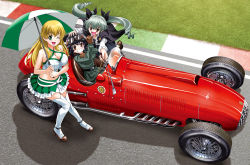 Rule 34 | 10s, anchovy (girls und panzer), anzio (emblem), black hair, blonde hair, braid, breasts, brown eyes, car, carpaccio (girls und panzer), cleavage, curly hair, emblem, ferrari, formula racer, girls und panzer, gloves, goggles, green eyes, green hair, grey hair, happy, holding, holding riding crop, italian flag, long hair, motor vehicle, necktie, on car, on vehicle, one eye closed, pepperoni (girls und panzer), race car, race queen, race vehicle, racecar, ribbon, riding crop, short hair, skirt, smile, taniguchi gou, twintails, umbrella, vehicle focus, whip