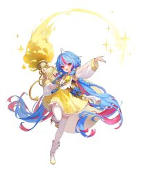 1girl absurdres blue_hair braid colored_inner_hair eunha_(guardian_tales) full_body guardian_tales highres holding korean_clothes long_hair long_sleeves looking_at_viewer multicolored_hair official_art open_mouth pink_hair red_eyes red_hair side_braid sidelocks skirt smile solo tagme wide_sleeves