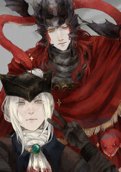 1boy 1girl ascot blonde_hair blood bloodborne blue_eyes coat elden_ring elden_ring:_shadow_of_the_erdtree frea fromsoftware gem gloves hat hat_feather lady_maria_of_the_astral_clocktower long_hair looking_at_viewer messmer_the_impaler red_snake snake snake_on_shoulder tricorne white_hair
