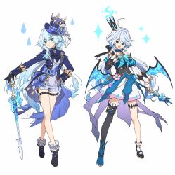 2girls :/ :d ahoge ankle_boots ankle_socks ascot asymmetrical_footwear asymmetrical_gloves asymmetrical_sleeves bare_shoulders black_ascot black_boots black_corset black_crown black_gloves black_shoes black_sleeve_cuffs black_sleeves blue_boots blue_bow blue_brooch blue_dress blue_eyes blue_gemstone blue_hair blue_hat blue_jacket blue_shorts blue_sleeves blue_streaks blue_vest blue_wings boots bow brooch cerydra_(honkai:_star_rail) cerydra_(honkai:_star_rail)_(cosplay) closed_mouth collared_dress color_connection commentary company_connection corset cosplay costume_switch crossed_legs crossover crown detached_sleeves dress english_commentary expressionless flower flower-trimmed_dress flower_trim frilled_boots frilled_footwear frills full_body furina_(genshin_impact) furina_(genshin_impact)_(cosplay) gem genshin_impact gloves gradient_hair hair_intakes hand_on_hilt hand_on_own_chest hand_on_own_hip hand_up hat hat_bow hei_lang heterochromia highres holding holding_scepter holding_sword holding_weapon honkai:_star_rail honkai_(series) jacket jewelry juliet_sleeves kishimen_hair legs_apart long_eyelashes long_hair long_sleeves looking_at_viewer low_wings mihoyo mini_crown mismatched_footwear mismatched_gloves mismatched_pupils mismatched_sleeves multicolored_boots multicolored_dress multicolored_hair multicolored_sleeves multiple_girls open_clothes open_jacket open_mouth ouji_fashion pink_flower planted planted_sword planted_weapon pointed_crown puffy_sleeves scepter shoes short_dress short_shorts shorts simple_background single_bare_leg single_sock single_thigh_boot smile socks splendor_of_tranquil_waters_(genshin_impact) standing suit_jacket sword tailcoat thigh_boots thigh_strap top_hat two-tone_hair uneven_footwear very_long_hair vest waist_bow waistcoat water_drop watson_cross weapon white_background white_dress white_gloves white_sleeves white_socks wings wrist_cuffs