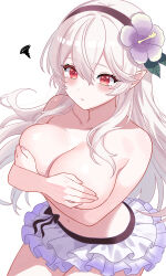 1girl absurdres bare_shoulders bikini bikini_bottom_only bikini_skirt black_hairband blush breasts cleavage closed_mouth covering_breasts covering_privates embarrassed female_corrin_(fire_emblem) female_corrin_(novice_vacationer)_(fire_emblem) fire_emblem fire_emblem_fates fire_emblem_heroes flower grey_hair hair_between_eyes hair_flower hair_ornament hairband hand_on_breasts highres large_breasts long_hair looking_at_viewer n_54 navel nintendo official_alternate_costume pointy_ears red_eyes solo swimsuit topless_female white_bikini white_hair