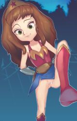 1girl arms_behind_back bar_censor blue_background blue_skirt boots brown_hair censored collarbone conoghi cosplay crossover daphne_blake dc_comics fence flat_chest green_eyes hanna-barbera lasso leg_up long_hair looking_at_viewer no_panties pussy red_boots red_shirt scoob! scooby-doo shirt skirt sleeveless sleeveless_shirt smile standing star_(symbol) superhero_costume tiara vambraces wonder_woman wonder_woman_(cosplay) wonder_woman_(series)