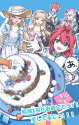 5girls absurdres alternate_costume bare_shoulders black_dress blonde_hair blue_background blue_eyes blue_jacket box cake carlotta_(wuthering_waves) cartethyia_(wuthering_waves) ciaccona_(wuthering_waves) commentary covering_own_mouth cup danjin_(wuthering_waves) dress english_commentary flower food gift gift_box green_eyes hair_flower hair_intakes hair_ornament hat highres holding holding_cup jacket long_hair motion_blur multiple_girls official_alternate_costume open_mouth parted_bangs phoebe_(wuthering_waves) pink_dress pink_hat purple_eyes red_hair ryeon_(naturesan) short_hair tacet_mark_(wuthering_waves) translation_request tree_horns white_dress wuthering_waves yellow_hat