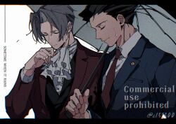 2boys ace_attorney ascot black_border black_hair blue_jacket border buttons c138300 closed_eyes closed_mouth english_text grey_hair hand_up highres holding holding_umbrella jacket male_focus miles_edgeworth multiple_boys necktie open_umbrella phoenix_wright red_jacket red_necktie shirt smile sweatdrop umbrella upper_body white_ascot white_background white_shirt