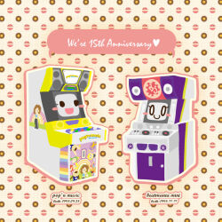 Rule 34 | 1998, arcade cabinet, bemani, blush stickers, commentary request, english text, engrish text, eyelashes, heart, no humans, object focus, open mouth, outline, patterned background, piano keys, pink outline, pop&#039;n music, ranguage, rice m, smile, speaker, speech bubble
