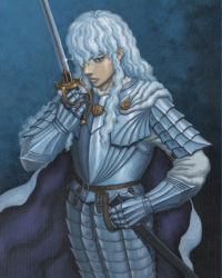 1990s_(style) 1boy androgynous armor berserk blue_eyes griffith_(berserk) lips long_hair male_focus miura_kentarou sheath solo sword wavy_hair weapon white_hair