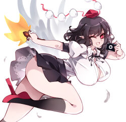 Rule 34 | 1girl, bird wings, black hair, black socks, black wings, breasts, camera, geta, hand fan, hat, highres, holding, holding camera, holding fan, large breasts, leaf fan, leg up, medium hair, pointy ears, pom pom (clothes), puffy short sleeves, puffy sleeves, raptor7, red eyes, red hat, shameimaru aya, shirt tucked in, short sleeves, socks, solo, tengu, tengu-geta, tokin hat, touhou, unbuttoned, white background, wings