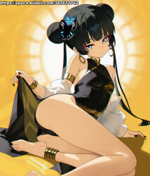 1girl absurdres anklet armlet bare_legs barefoot black_dress black_hair black_nails black_panties blue_archive blue_eyes bracelet breasts butterfly_hair_ornament double_bun dress earrings eyeshadow hair_bun hair_ornament highres jewelry kisaki_(blue_archive) loli long_hair looking_at_viewer makeup mole mole_under_each_eye mole_under_eye momobug22 multiple_moles nail_polish panties red_eyeshadow sleeveless sleeveless_dress small_breasts solo toenail_polish toenails twintails underwear very_long_hair yellow_background
