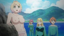 1boy 3girls animal_ears animated anime_screenshot bikini bikini_bottom_only black_bikini blonde_hair breasts breasts_out brown_eyes cat_ears cat_girl cecile_(aiomodarkelf) cellphone chotto_dake_ai_ga_omoi_dark_elf_ga_isekai_kara_oikakete_kita covering_breasts covering_nipples covering_privates dolphin gradient_hair green_eyes highres holding holding_phone long_hair mei_(aiomodarkelf) mochida_sakura_(aiomodarkelf) mouth_hold multicolored_hair multiple_girls navel nipples ocean orange_hair partially_submerged phone pink_bikini pink_hair short_hair sound stomach sunohara_hinata swimsuit tagme two-tone_hair unworn_bikini_top video water white_hair yellow_bikini