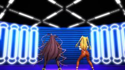 2girls 3d animated artist_request ass ass_shake bare_legs blonde_hair blue_eyes blush boots breasts brown_hair collarbone dancing dark-skinned_female dark_skin detached_sleeves female_focus fingerless_gloves full_body futaba_lili_ramses gloves gradient_hair groin high_heels highleg highleg_leotard huge_ass leotard long_hair long_twintails looking_at_viewer magical_girl mikumikudance_(medium) mizuki_yukikaze multicolored_hair multiple_girls one-piece_tan pink_eyes pointy_hair revealing_clothes scenery see-through_clothes shiny_skin skirt small_breasts taimanin_(series) taimanin_yukikaze tan tanline tentacle_and_witches thighs thong_leotard toned twintails two_side_up very_long_hair video wide_hips