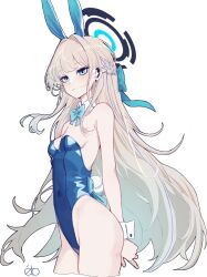 1girl ahneato animal_ear_hairband animal_ears aqua_bow aqua_bowtie artist_name blonde_hair blue_archive blue_eyes blue_hair blue_leotard blush bow bowtie braid breasts cropped_legs detached_collar earrings fake_animal_ears fake_tail hairband half_up_braid halo highres jewelry leotard long_hair looking_at_viewer multicolored_hair official_alternate_costume playboy_bunny rabbit_ear_hairband rabbit_ears rabbit_tail revision signature simple_background small_breasts solo strapless strapless_leotard streaked_hair stud_earrings tail toki_(blue_archive) toki_(bunny)_(blue_archive) two-tone_hair very_long_hair white_background wireless_earphones wrist_cuffs