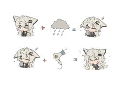 1girl animal_ears arknights closed_eyes closed_mouth cloud equal_sign grey_hair hair_dryer hair_ornament hairclip highres lappland_(arknights) one_eye_closed parallel_hairclips plus_sign seri_(vyrlw) simple_background white_background wolf_ears wolf_girl
