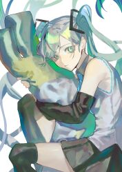 Rule 34 | 1girl, aqua eyes, black skirt, black sleeves, bright pupils, closed mouth, detached sleeves, grey shirt, hatsune miku, highres, hugging object, long hair, nemuke2828, shirt, skirt, sleeveless, sleeveless shirt, solo, twintails, very long hair, vocaloid, white pupils