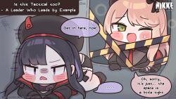 2girls absolute_(nikke) absurdres all_fours beret black_gloves black_hair boots bow breasts caution_tape colored_inner_hair commentary constricted_pupils emma_(nikke) emma_(tactical_upgrade)_(nikke) english_commentary eunhwa_(nikke) eunhwa_(tactical_upgrade)_(nikke) gloves goddess_of_victory:_nikke green_eyes hat hat_bow highres jacket jitome large_breasts long_hair long_sleeves mming_(mmingis18) multicolored_hair multiple_girls necktie official_alternate_costume official_art one_eye_closed open_clothes open_jacket open_mouth orange_hair panties parted_bangs purple_eyes purple_hair shorts speech_bubble sweat underwear ventilation_shaft