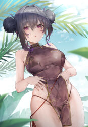 1girl absurdres bare_shoulders bikini bikini_under_clothes black_bikini black_hair blue_sky blurry blurry_foreground breasts china_dress chinese_clothes cowboy_shot crossed_bangs day double_bun dress fingernails gradient_hair hair_between_eyes hair_bun hair_intakes highleg highleg_bikini highres izumi_kei large_breasts light_blush looking_at_viewer multicolored_hair original outdoors parted_lips pelvic_curtain plant purple_dress purple_eyes purple_hair see-through_clothes see-through_dress sidelocks sky sleeveless sleeveless_dress solo standing string_bikini swimsuit wet