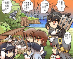 10s 6+girls abyssal_ship akatsuki_(kancolle) anchor_symbol animal animal_on_head arm_guards bird bird_on_head black_hair blue_eyes brown_eyes brown_hair chibi collar crop_top elbow_gloves explosion fang flat_cap folded_ponytail food gloves green_eyes grey_eyes grey_hair hair_ornament hairband hairclip haruna_(kancolle) hat headgear hibiki_(kancolle) hiding hisahiko holding holding_sign ikazuchi_(kancolle) in_tree inazuma_(kancolle) kantai_collection long_hair long_sleeves multiple_girls nagato_(kancolle) neckerchief nest nontraditional_miko on_head onigiri orange_eyes peeking_out pillow pleated_skirt red_eyes school_uniform serafuku short_hair sign skirt smile translation_request tree wo-class_aircraft_carrier yellow_eyes