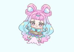 Rule 34 | 1girl, absurdly long hair, aqua sandals, aqua skirt, bag bow, bare shoulders, beads, blue background, blue bag, blue hair, blue tube top, bow, bow skirt, bracelet, chibi, circlet, closed mouth, collar, cure la mer, detached collar, dot nose, double bun, eyelash ornament, eyelashes, eyes visible through hair, frilled tube top, frills, gem, gradient hair, hair beads, hair bun, hair intakes, hair ornament, happy, ichigo usuhana, jewelry, laura la mer, leg warmers, light blush, long hair, looking at viewer, magical girl, miniskirt, multicolored hair, outstretched arms, pearl (gemstone), pearl hair ornament, pink eyes, pink hair, pink tube top, precure, purple skirt, sandals, scale print, shell brooch, sidelocks, simple background, skirt, smile, solo, strapless, tareme, tropical-rouge! precure, tube top, two-tone hair, two-tone skirt, two-tone tube top, very long hair, waist bag, white arm warmers, white bow, white collar, white leg warmers, yellow bow