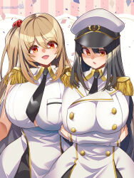 2girls :o aiguillette amphitrite_(last_origin) black_necktie breasts dress epaulettes gigantic_breasts hat highres last_origin long_hair long_sleeves looking_at_viewer military_hat military_uniform multiple_girls naval_uniform necktie open_mouth peaked_cap red_eyes salacia_(last_origin) shirt short_hair skirt sleeveless smile umigarasu_(kitsune1963) very_long_hair white_hat
