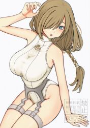 1girl blue_eyes breasts brown_hair commentary_request hair_over_one_eye hair_tubes komegura large_breasts leotard long_hair official_alternate_costume open_mouth simple_background sitting solo tales_of_(series) tales_of_the_abyss tear_grants tear_grants_(rental_beauty) watermark white_background white_leotard