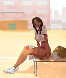 1girl :d absurdres beautiful_gunbari bench black_eyes black_hair blurry blurry_background bottle braid buruma commission covered_erect_nipples dark-skinned_female dark_skin day dulgruk gym_uniform highres jang_chae-won long_hair looking_at_viewer navel open_mouth shadow shirt shoes short_sleeves sitting smile sneakers socks solo sweat towel_on_legs twin_braids water_bottle white_shirt white_socks