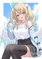 1girl :d angel angel_wings bare_shoulders black_bow black_skirt black_thighhighs blonde_hair blue_hair blue_sky blue_sleeves blue_wings blush border bow breasts brown_eyes cloud commentary commission criss-cross_halter detached_sleeves double-parted_bangs drill_hair english_commentary feathered_wings feet_out_of_frame flower frilled_shirt frills gradient_hair gradient_wings green_halo hair_between_eyes hair_flower hair_intakes hair_ornament hair_over_shoulder halo halterneck hand_up high-waist_skirt highres knees_together_feet_apart lace lace-trimmed_skirt lace-trimmed_sleeves lace_trim long_hair looking_at_viewer medium_breasts miniskirt multicolored_hair multicolored_wings nanase_eru off-shoulder_shirt off_shoulder omagari_kei open_mouth outside_border pointy_ears shirt shirt_tucked_in sidelocks signature sitting skeb_commission skirt sky sleeve_bow sleeves_past_wrists smile solo thighhighs thighs twintails twitter_username two-tone_hair two-tone_wings varium virtual_youtuber white_border white_flower white_shirt white_wings wings x_hair_ornament zettai_ryouiki
