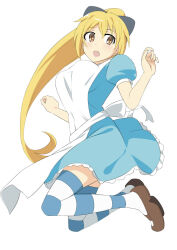 Rule 34 | 1girl, :o, alice&#039;s adventures in wonderland, alice (alice in wonderland), alice (alice in wonderland) (cosplay), alternate hairstyle, apron, bare arms, blonde hair, blue dress, bow, breasts, brown eyes, brown shoes, commentary request, cosplay, dress, full body, grey bow, hair between eyes, hair bow, hands up, highres, jack-barro, large breasts, light blush, long hair, medium dress, midair, open mouth, partial commentary, ponytail, puffy short sleeves, puffy sleeves, shoes, shokuhou misaki, short sleeves, simple background, solo, sparkling eyes, striped clothes, striped thighhighs, thighhighs, toaru kagaku no railgun, toaru majutsu no index, very long hair, white apron, white background