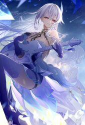 Rule 34 | 1girl, absurdres, arano (waikuni11), dress, genshin impact, gradient thighhighs, grey hair, guitar, highres, holding, holding guitar, holding instrument, instrument, long hair, purple hands, red eyes, skirk (genshin impact), solo, white dress